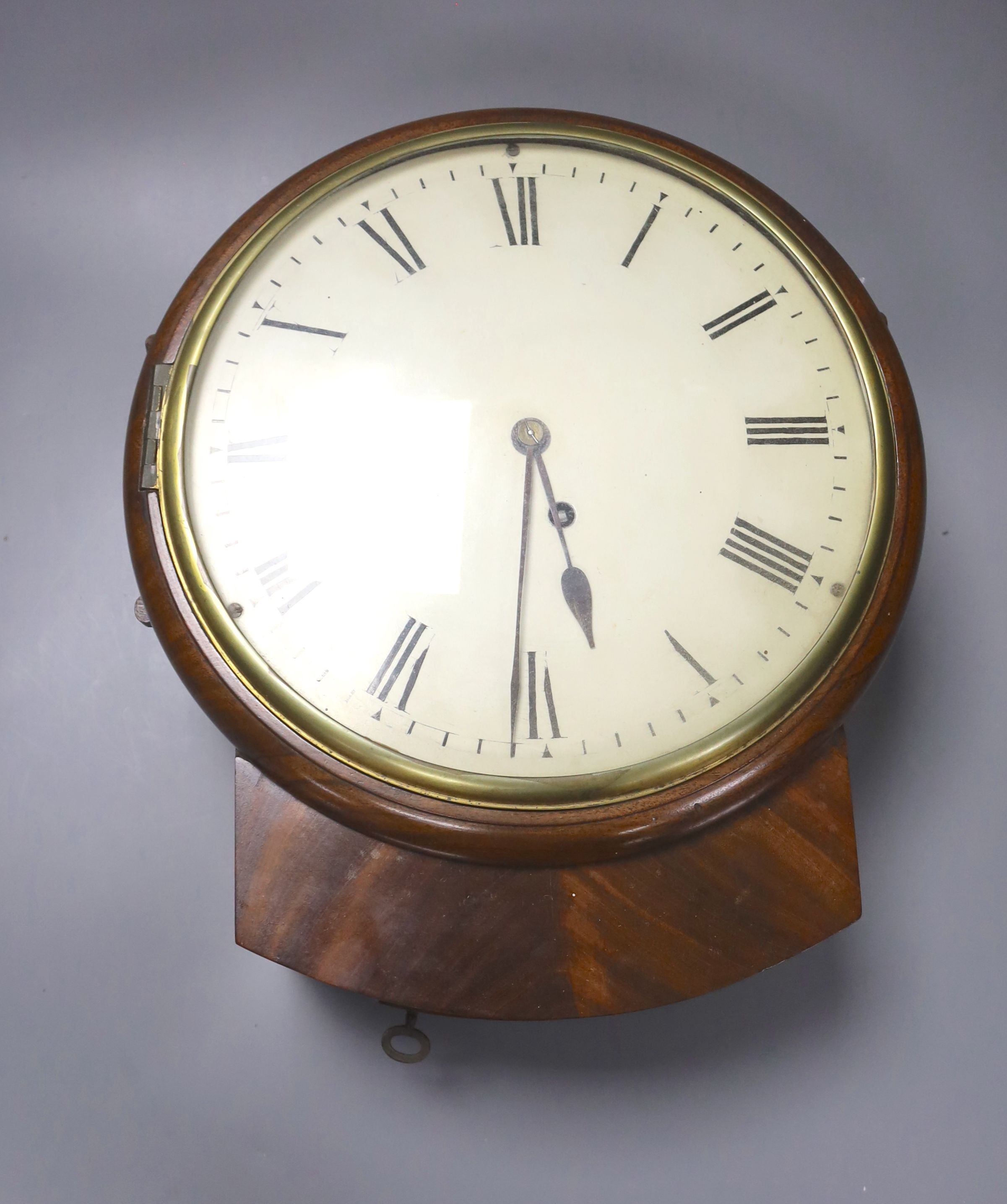 A 19th century single fusee mahogany cased wall clock, 33cm